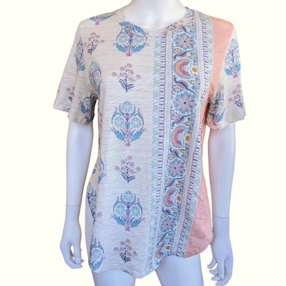 Anthropologie Top Floral with Color Block Blouse Short Sleeve